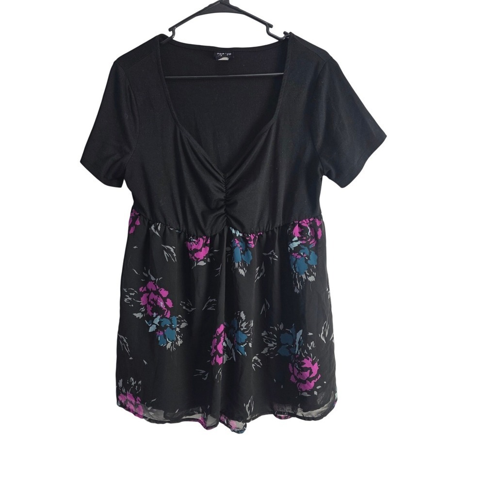 Torrid Baby Doll Blouse 0x Womens Black Floral Plus Size V Neck Pullover Flowy